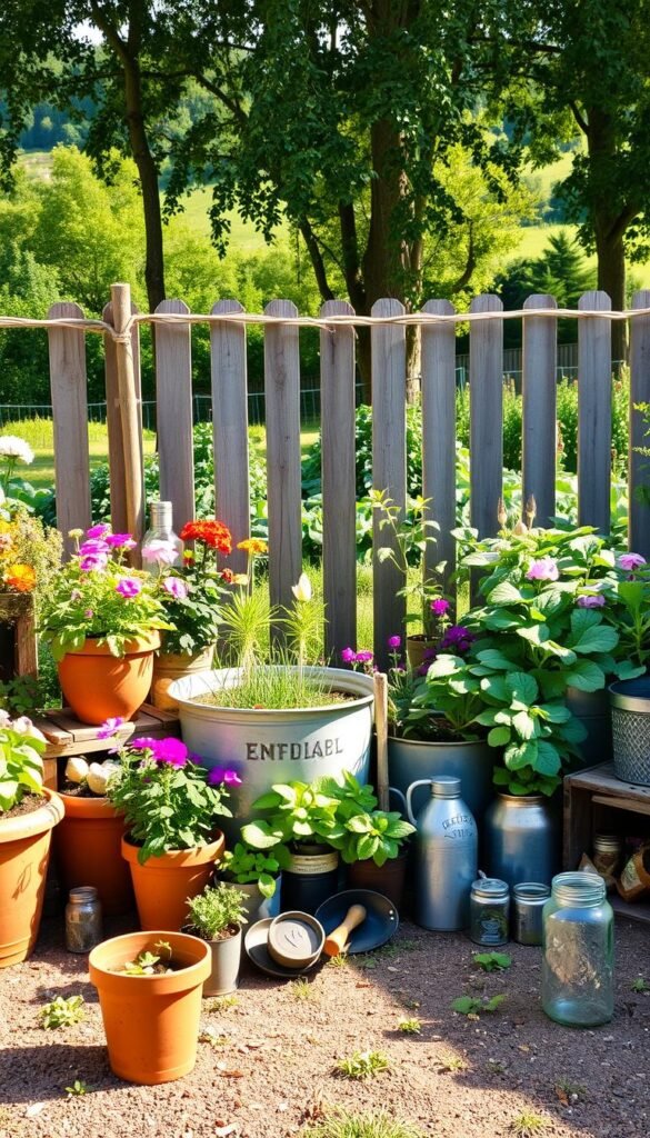 A vibrant and sustainable garden scene, captured in warm natural light. In the foreground, an assortment of repurposed items - terracotta pots, wooden crates, and metal containers - overflowing with lush greenery and colorful blooms. The middle ground features a rustic fence made from reclaimed wood, creating a charming backdrop. Scattered throughout the scene, additional recycled materials such as glass jars, tin cans, and old garden tools add character and texture. The background showcases a verdant landscape, with towering trees and a hint of a vegetable patch, exuding a sense of tranquility and eco-conscious living.