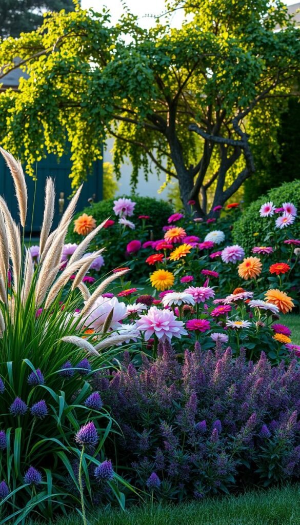A vibrant and textured garden design, featuring an abundance of lush foliage and a harmonious color palette. In the foreground, a mix of tall, swaying grasses and low-growing perennials in shades of green, purple, and pink create a soft, natural border. The middle ground showcases a variety of blooming flowers, including peonies, dahlias, and zinnias, their petals bursting with vivid hues that dance in the warm, golden sunlight. In the background, a cluster of ornamental trees, their branches draped with cascading vines, provide a sense of depth and enclosure, creating a cozy, intimate atmosphere. The overall scene is captured through a wide-angle lens, highlighting the harmonious interplay of color, texture, and botanical elements that form a visually captivating and inviting garden oasis.