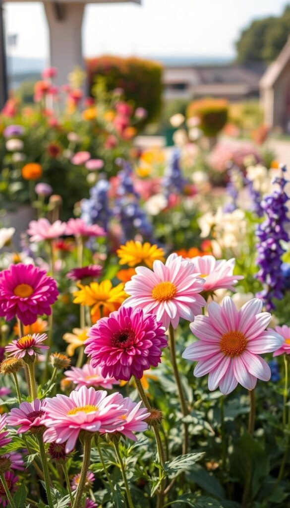 A vibrant and visually appealing image of an "Edible Flower Garden" with a focus on the "Edible Blooms". The image should capture a lush, well-curated garden scene with a variety of edible flowers in the foreground, showcasing their intricate textures, colors, and delicate petals. The middle ground should feature a mix of flowering plants, herbs, and greenery, creating a cohesive and harmonious composition. The background should provide a sense of depth, with a soft, out-of-focus landscape or architectural elements to complement the main subject. The lighting should be natural and warm, casting a gentle glow on the flowers and accentuating their beauty. The overall mood should be one of tranquility, inviting the viewer to appreciate the beauty and culinary potential of these edible blooms. Prompt A lush, well-curated edible flower garden, featuring a vibrant array of intricate, delicate blooms in the foreground, surrounded by a mix of flowering plants, herbs, and greenery in the middle ground, set against a