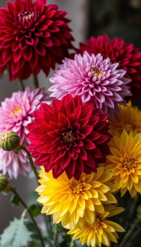 A vibrant arrangement of lush, ball-type dahlia blooms in a variety of colors, including deep red, lavender, and bright yellow. The flowers are captured in a soft, natural lighting that accentuates their velvety petals and lush, spherical forms. The dahlias are displayed against a blurred, out-of-focus background, creating a sense of depth and drawing the viewer's eye to the captivating floral display. The overall mood is one of elegant simplicity, highlighting the intricate beauty and captivating allure of these stunning dahlia varieties.