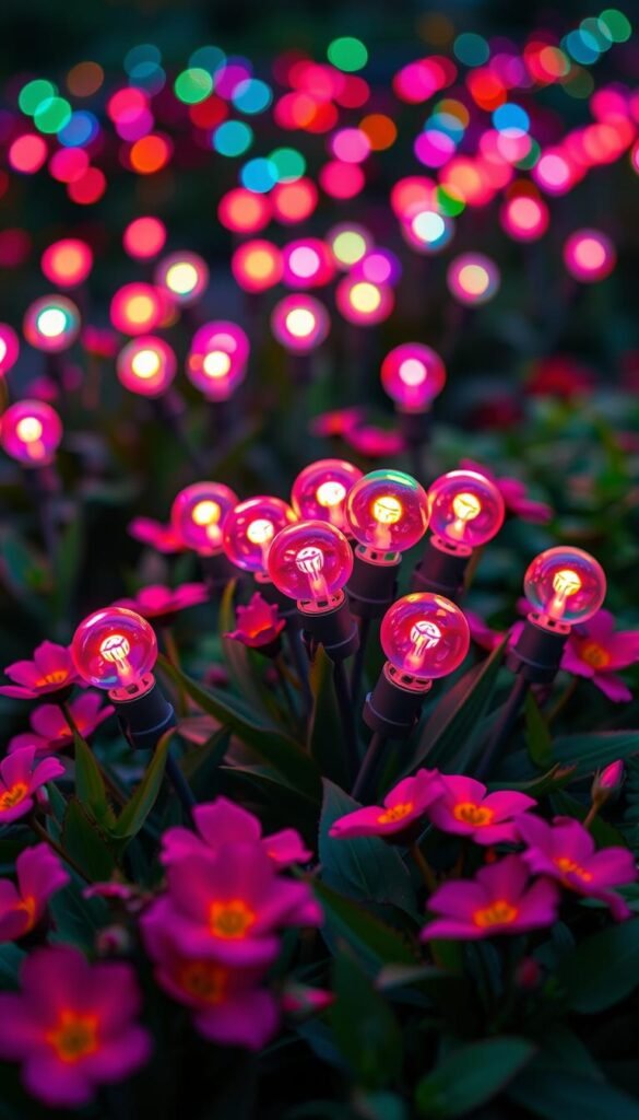 A vibrant array of LED garden bulbs, their vivid hues casting a warm, inviting glow across a meticulously manicured flowerbed. The bulbs, arranged in a visually pleasing pattern, emit a soft, ambient light that illuminates the lush foliage and delicate petals of surrounding plants. A shallow depth of field creates a sense of depth, drawing the viewer's eye to the central cluster of bulbs, their luminous cores shining with an almost magical intensity. The overall scene exudes a serene, enchanting atmosphere, perfectly capturing the essence of thoughtful, aesthetically-pleasing garden lighting.
