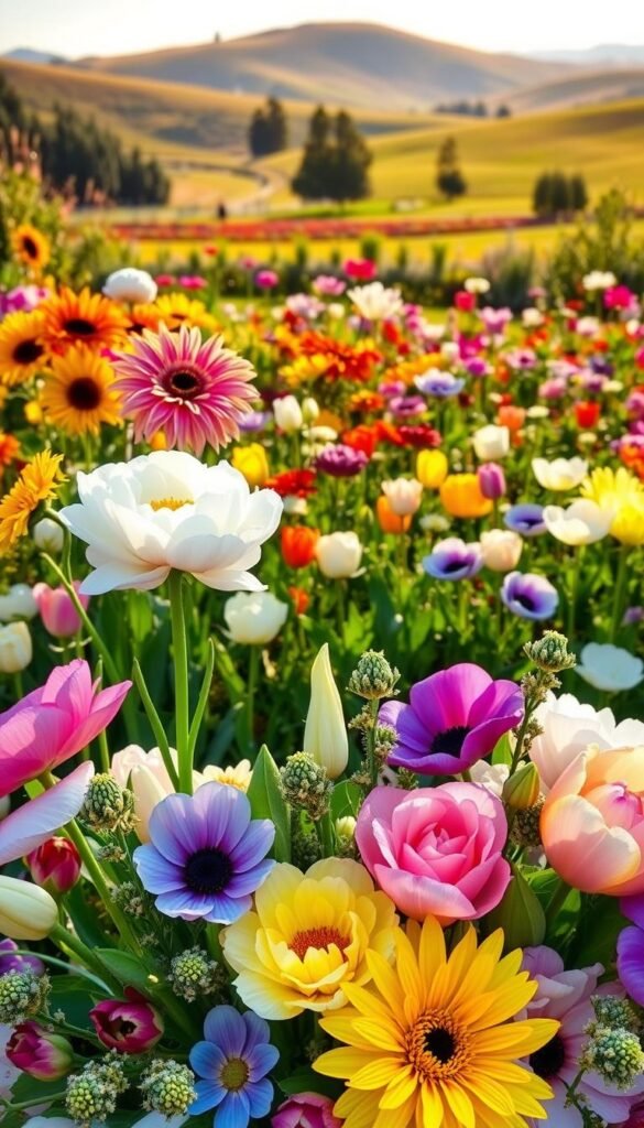 A vibrant array of diverse flower varieties, each adapted to thrive in its respective climate. In the foreground, an elegant bouquet showcases the delicate petals and vivid hues of summer blooms - sunflowers, peonies, and zinnias. The middle ground features a lush garden filled with cool-weather favorites, like ranunculus, tulips, and anemones. In the background, a serene landscape of rolling hills sets the stage, bathed in the warm glow of natural sunlight. The composition captures the harmony between flowers and their ideal growing conditions, inspiring the viewer to curate the perfect cut flower garden for year-round arrangements.