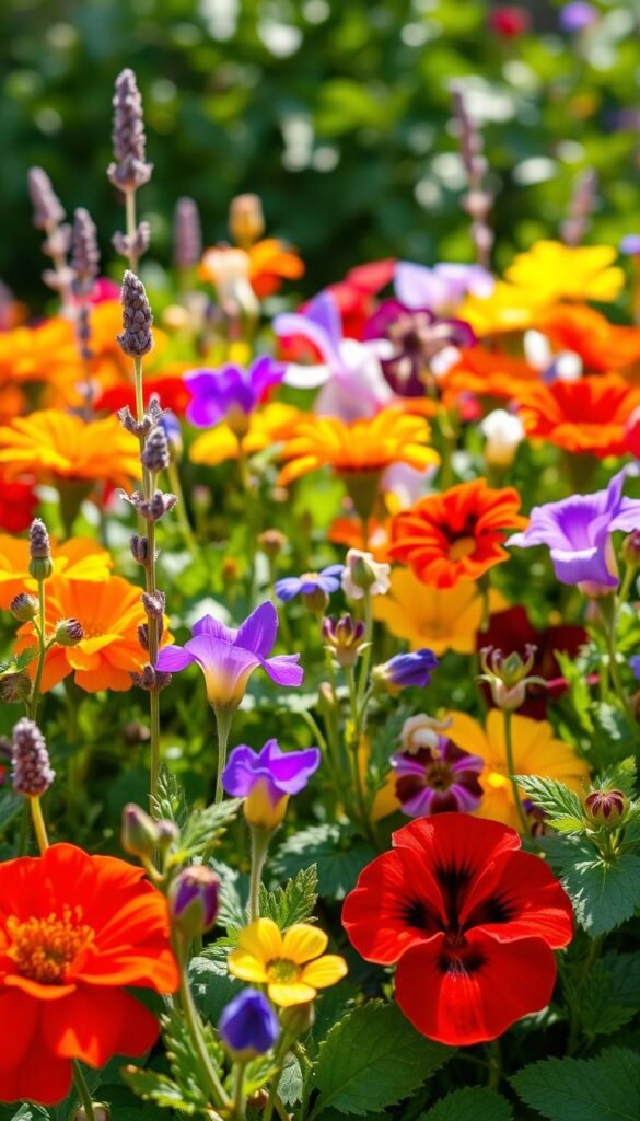 A vibrant array of unique edible flowers in a lush, sun-dappled garden. In the foreground, an array of striking blooms - delicate lavender buds, bold marigold petals, and curling nasturtium flowers in a rainbow of colors. The middle ground features an assortment of lesser-known edible varieties like borage, viola, and ruby-red hibiscus, their petals glistening with morning dew. The background is a soft-focus blur of verdant foliage, hinting at the broader diversity of this bountiful edible flower garden. Crisp, high-resolution details captured with a macro lens and natural, diffused lighting to showcase the captivating beauty and culinary potential of these extraordinary blooms.
