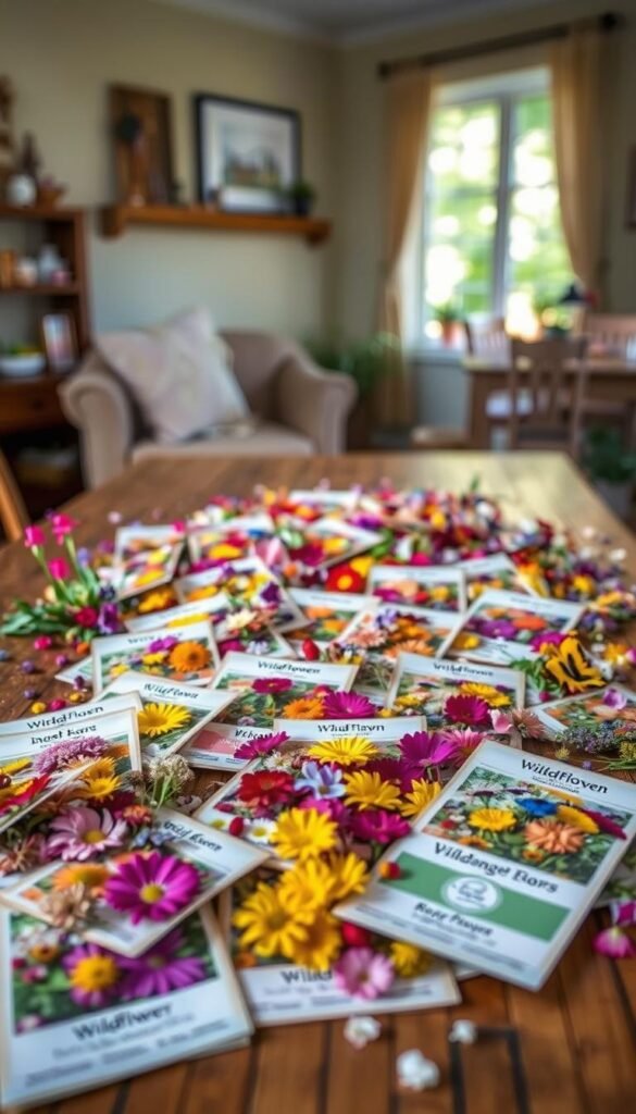 A vibrant array of wildflower seeds spills across a wooden table, showcasing a carefully curated selection. The foreground features an assortment of packets, each displaying a colorful tapestry of blooms waiting to come to life. The middle ground presents a soft, diffused lighting that accentuates the delicate textures and hues of the seeds, inviting the viewer to imagine the lush, natural landscape they will soon inhabit. In the background, a blurred, cozy interior setting provides a warm, inviting atmosphere, hinting at the joy and tranquility that will bloom from this wild garden seed mix.