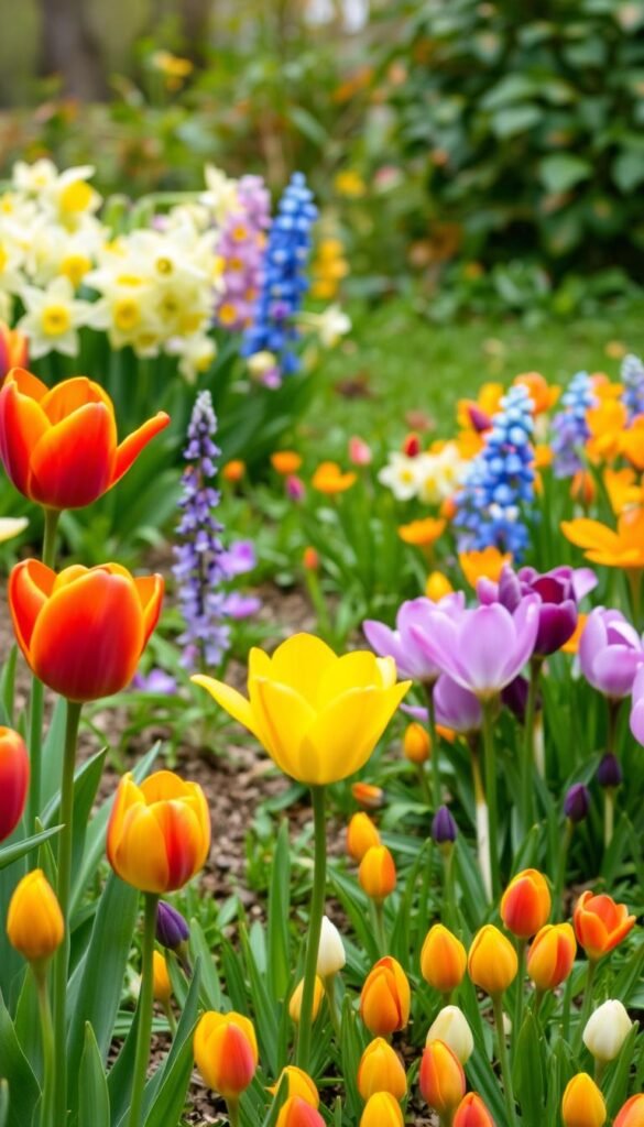 A vibrant assortment of spring-flowering bulbs in a lush, natural garden setting. In the foreground, a cluster of vibrant tulips in a variety of colors - crimson, sunny yellow, and pristine white - gently sway in a soft breeze. Behind them, a row of delicate daffodils and fragrant hyacinths in shades of pink, lavender, and azure blue add depth and complexity to the scene. The middle ground is dotted with the cheerful, cup-shaped blooms of crocuses in warm hues of purple, orange, and gold, creating a captivating carpet of early spring color. In the background, a verdant bed of lush foliage and emerging plants sets the stage, hinting at the abundance and vitality of the spring garden. Soft, diffused natural lighting illuminates the scene, casting a serene, tranquil atmosphere.