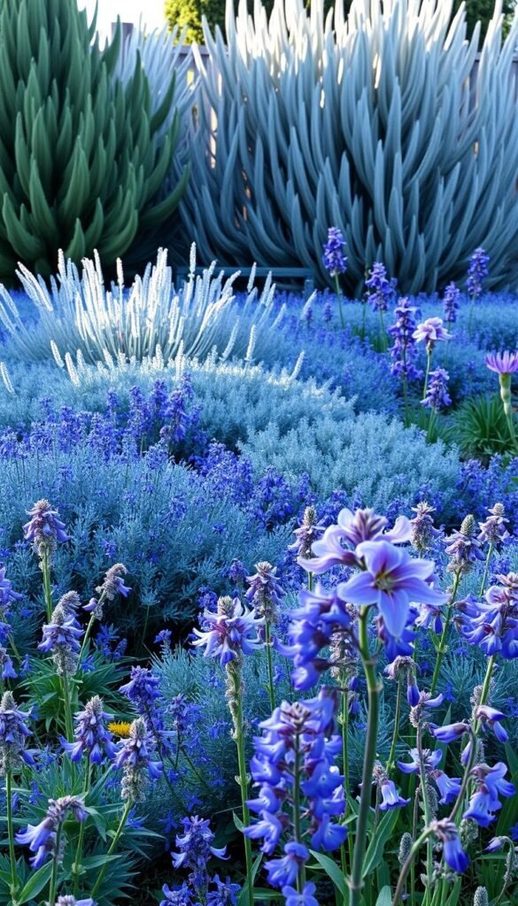 A vibrant blue flower garden in the soft light of early summer. In the foreground, delicate clusters of delphinium and bluebell flowers sway gently in a light breeze. The middle ground features sprawling mounds of fragrant Russian sage and indigo-hued irises, their petals kissed by the warm sun. In the background, a lush border of wispy, blue-green juniper bushes and a weathered wooden fence frame the serene scene. The overall atmosphere is one of tranquility and natural beauty, inviting the viewer to step into this calming oasis of cool-toned hues.