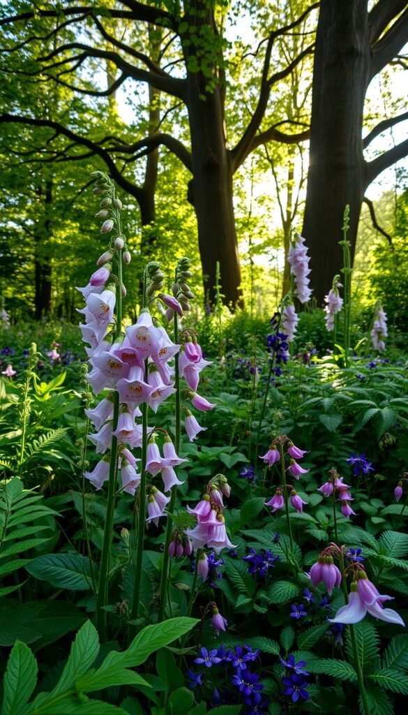 A vibrant composition showcasing an array of delicate wildflowers thriving in a lush, shaded garden. In the foreground, clusters of fragrant foxgloves, columbines, and bleeding hearts sway gently, their petals illuminated by soft, dappled light filtering through the verdant canopy above. In the middle ground, a mix of ferns, hostas, and woodland violets carpet the ground, creating a serene, naturalistic scene. The background features towering trees, their branches casting a tranquil, filtered glow over the entire tableau. Captured with a wide-angle lens to convey a sense of depth and immersion, this image evokes the enchanting beauty of a shaded, wild-style garden sanctuary.