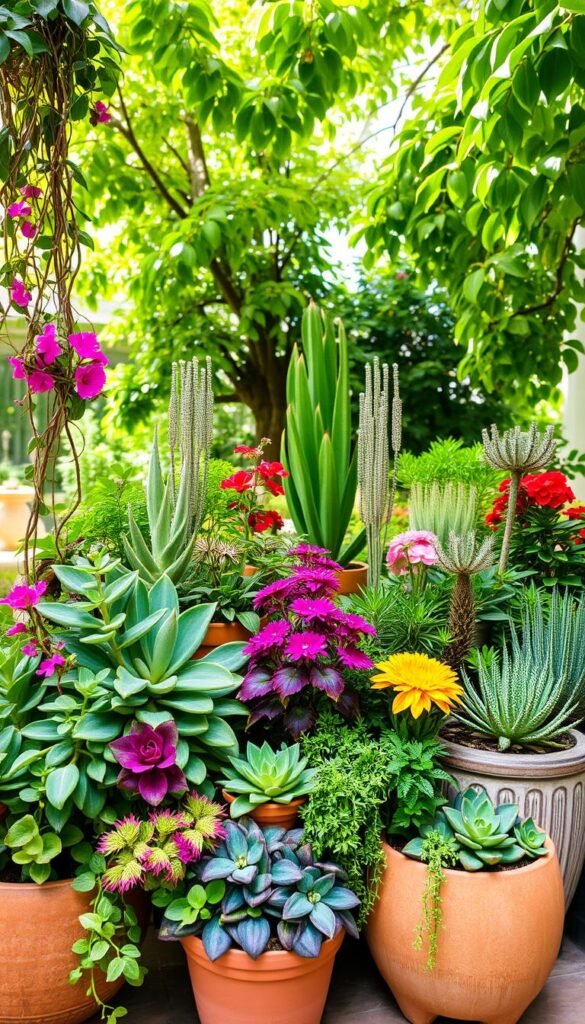 A vibrant container garden overflowing with a harmonious mix of lush foliage, bold blooms, and intriguing textures. In the foreground, a variety of potted plants - from trailing vines to sculptural succulents - create a dynamic, eye-catching display. The middle ground features a textural tapestry of terracotta, weathered wood, and polished stone containers, each housing a different hue and pattern. In the background, a soft, diffused light filters through a canopy of verdant leaves, casting gentle shadows and highlights that add depth and dimension. The overall scene emanates a sense of natural beauty, warmth, and an inviting outdoor living atmosphere.