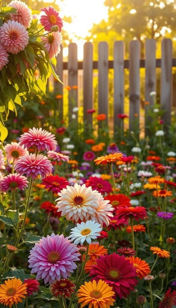 A vibrant cut flower garden, bathed in golden afternoon light. In the foreground, lush clusters of dahlias, zinnias, and cosmos sway gently. The middle ground showcases a diverse array of annual and perennial blooms, their petals unfurling in a tapestry of colors. In the background, a picturesque wooden fence frames the scene, creating a sense of enclosure and peaceful retreat. The overall composition conveys the harmonious interplay of form, texture, and hue that defines the essence of a thriving cut flower garden.