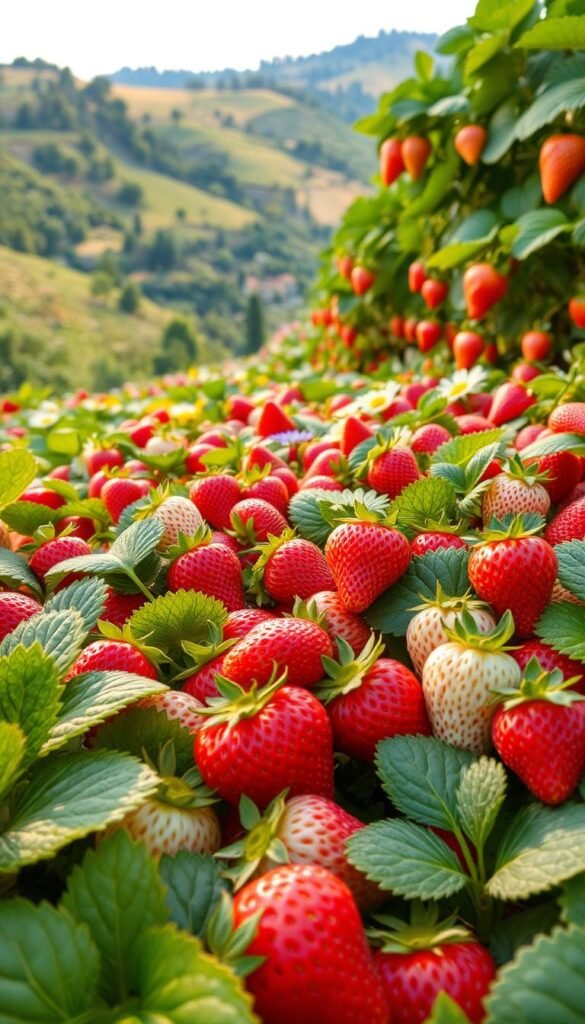 A vibrant display of diverse strawberry varieties thriving in various climates. In the foreground, lush, juicy strawberries in shades of red, pink, and white nestle among their verdant foliage, their textures and shapes rendered in exquisite detail. In the middle ground, a variety of strawberry plants, each adapted to a specific climate, from sun-dappled Mediterranean gardens to the hardy, frost-resistant cultivars of northern regions. The background showcases the natural environments that nourish these strawberry treasures, from rolling hills dotted with wildflowers to lush, verdant forests. Soft, warm lighting illuminates the scene, creating a sense of harmony and abundance. Captured with a wide-angle lens to encompass the breadth of this strawberry climate adaptation showcase.