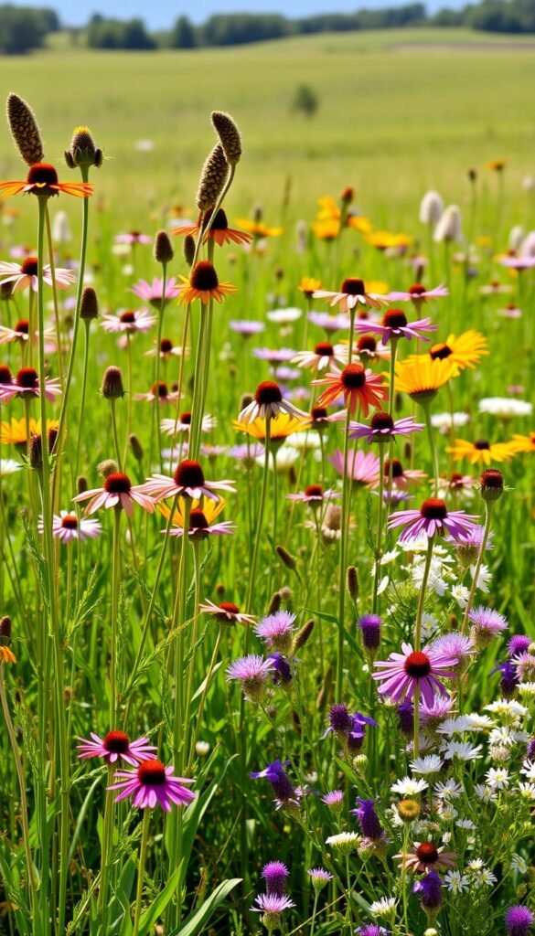 A vibrant field of diverse native wildflowers in a lush, sun-dappled meadow. Tall, swaying stems of coneflowers, asters, and black-eyed Susans in the foreground, their petals catching the warm light. In the middle ground, clumps of purple-hued bee balm and delicate, white-blooming yarrow intermingle. The background fades into a hazy horizon, suggesting the expansive, natural setting. The overall scene evokes a sense of harmony and ecological balance, showcasing the beauty and value of indigenous plant species.
