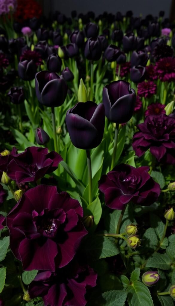 A vibrant floral display of unique black flower varieties, captured in a rich, moody lighting. In the foreground, velvety black petunias with delicate, ruffled blooms exude an air of sophistication. In the middle ground, majestic Queen of Night tulips, their inky black petals unfurling against a backdrop of lush, verdant foliage. In the distance, a striking array of black dahlias, their geometric forms punctuating the scene. The overall composition evokes a sense of mystery and drama, showcasing the bold and captivating nature of these rare and exceptional black blooms.