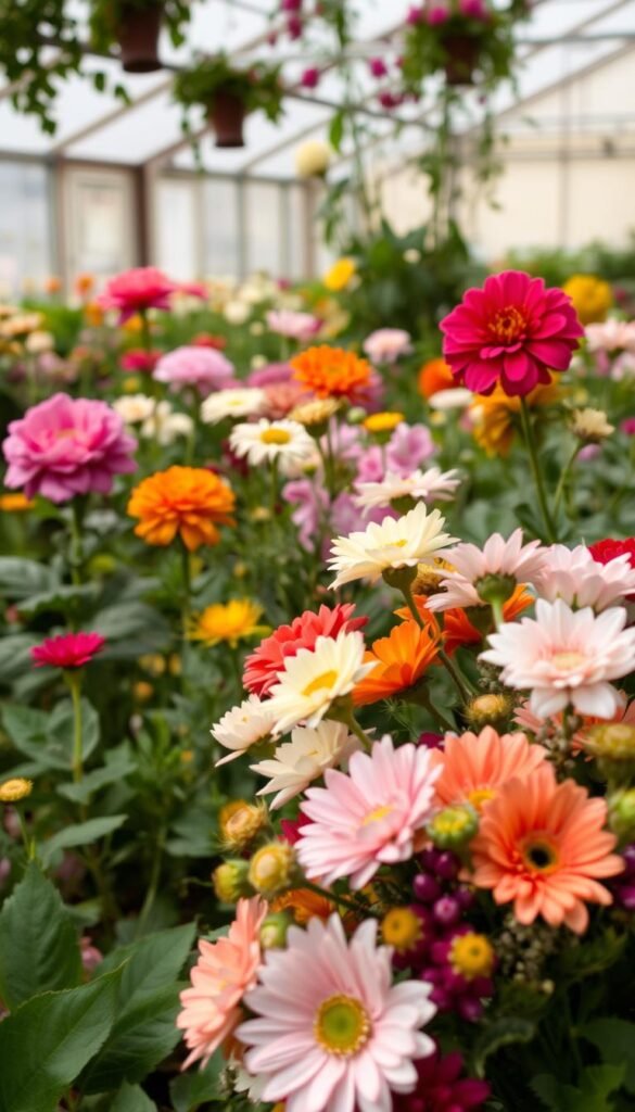 A vibrant flower garden, its blooms in varying stages of growth and availability, representing the challenges of planning a wedding's floral decor. In the foreground, a bouquet of mixed flowers sits partially obscured, hinting at the difficulties of obtaining the desired blooms. The middle ground showcases a selection of flowers in various states of bloom, some lush and others wilting, symbolizing the unpredictable nature of seasonal availability. In the background, a softly lit greenhouse or nursery setting suggests the need to explore alternative sourcing options. The overall mood is one of contemplation, as the viewer is invited to consider the intricacies of navigating flower availability for a DIY wedding.