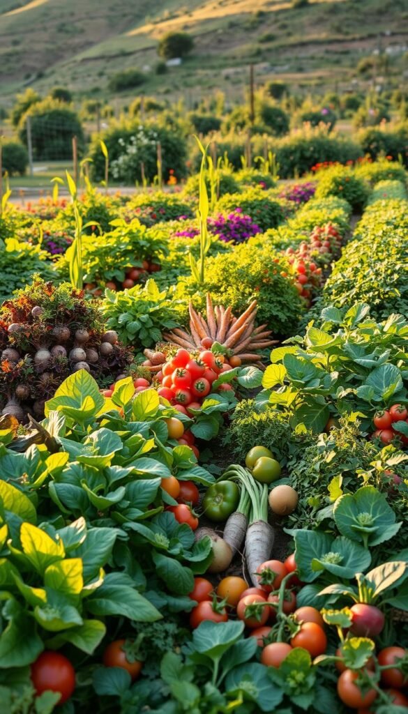 A vibrant garden bursting with diverse crops, their leaves and stems intertwined in a lush, harmonious tapestry. In the foreground, rows of leafy greens, vibrant peppers, and plump tomatoes bask in the warm, golden light. The middle ground showcases a mix of root vegetables, from earthy carrots to whimsical radishes, their hues creating a kaleidoscopic display. In the background, a rolling hillside frames the scene, dotted with flowering companion plants that attract a symphony of buzzing pollinators. The overall atmosphere exudes a sense of abundance, vitality, and the profound benefits of crop diversity for a thriving, resilient garden.