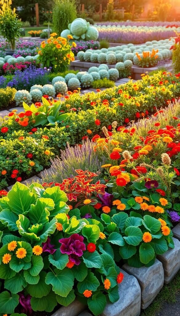 A vibrant garden bursting with edible ornamental plants, bathed in warm, golden sunlight. In the foreground, lush kale, rainbow chard, and nasturtiums cascade over stone garden beds. The middle ground features rows of vibrant, edible flowers like marigolds, calendula, and borage, complemented by aromatic herbs like rosemary and lavender. In the background, a carefully curated arrangement of ornamental cabbages, artichokes, and edible berries create a stunning visual tapestry. The overall scene conveys a sense of abundance, vitality, and the harmonious integration of function and beauty.