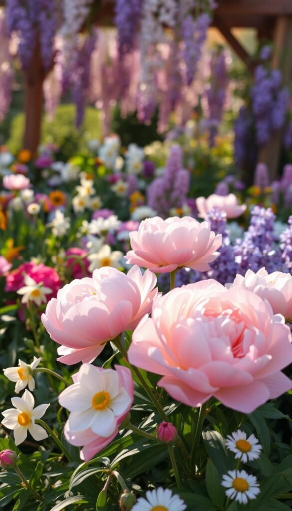 A vibrant garden in full bloom, capturing the beauty of seasonal flowers. In the foreground, a lush arrangement of peony and rose blossoms in soft pastel hues, their petals gently unfurling under warm afternoon sunlight. The middle ground features a variety of seasonal blooms - delicate daffodils, cheerful daisies, and fragrant lilacs - creating a harmonious tapestry of colors and textures. In the background, a glimpse of a wooden trellis draped with cascading wisteria vines, adding depth and a sense of tranquility to the scene. The overall composition evokes a feeling of timeless elegance and the cyclical nature of the garden's life.