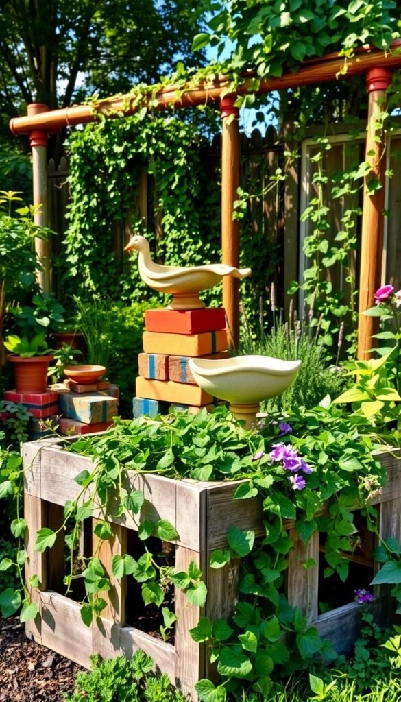 A vibrant garden scene filled with an array of repurposed and upcycled materials. In the foreground, a rustic planter crafted from a weathered wooden crate overflows with lush greenery. Trailing vines and cascading flowers spill out, creating a natural, organic feel. In the middle ground, a whimsical bird bath made from a vintage ceramic bowl sits atop a stack of colorful, mismatched bricks. The background features a quirky trellis constructed from salvaged metal pipes and reclaimed wooden beams, supporting a flourishing vine-covered structure. Dappled sunlight filters through the foliage, casting a warm, earthy glow and highlighting the textural contrast of the repurposed elements. The overall composition evokes a sense of sustainability, creativity, and harmonious coexistence between nature and upcycled materials.