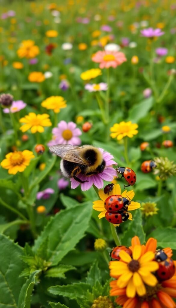 A vibrant garden scene showcasing a diverse array of beneficial insects. In the foreground, a shallow depth of field captures a bumblebee pollinating a blooming flower, its fuzzy body and vibrant stripes in sharp focus. In the middle ground, ladybugs scurry across lush green foliage, their spotted shells glistening under soft, natural lighting. In the background, a hazy field of wildflowers stretches out, hinting at the abundant biodiversity of this thriving ecosystem. The overall composition evokes a sense of harmony and balance, highlighting the critical role these creatures play in a healthy, sustainable garden.