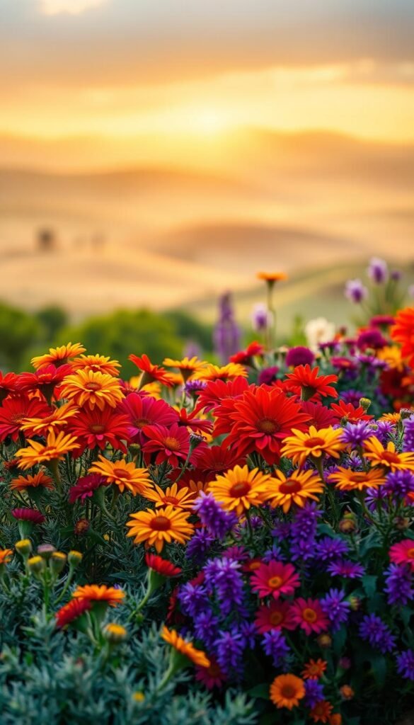 A vibrant, harmonious flower garden design with a captivating color palette. In the foreground, an array of blooming flowers in rich, complementary hues - fiery reds, deep purples, and vibrant yellows - arranged in a naturalistic, asymmetrical composition. The middle ground features a mix of textured foliage in varying shades of green, creating depth and visual interest. In the background, a soft, out-of-focus landscape with rolling hills and a warm, golden-hour lighting that bathes the entire scene in a gentle, ethereal glow. The overall atmosphere is one of tranquility, beauty, and a masterful integration of color, texture, and form.