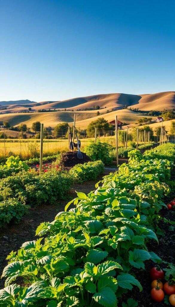 A vibrant, lush vegetable garden thriving through the seasons. In the foreground, a diverse array of fresh produce - carrots, leafy greens, tomatoes, and more - growing in neat rows under the warm, golden light of the sun. In the middle ground, a well-tended compost pile and gardening tools hint at the care and attention lavished on this plot. The background features a rolling landscape of gently undulating hills, with a clear blue sky overhead. The overall scene conveys a sense of abundance, sustainability, and the joys of year-round organic gardening.
