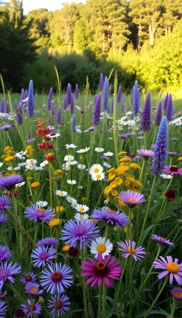 A vibrant meadow filled with a diverse array of native wildflowers, bathed in warm golden-hour sunlight. In the foreground, delicate purple asters, yellow goldenrods, and scarlet bee balm sway gently in a light breeze. The middle ground features clusters of white daisies, pink coneflowers, and the tall spires of blue-purple wild bergamot. In the background, a lush green forest provides a natural backdrop, hinting at the abundance of local biodiversity. The scene is captured with a wide-angle lens, creating a sense of depth and immersion, inviting the viewer to step into this enchanting natural sanctuary.