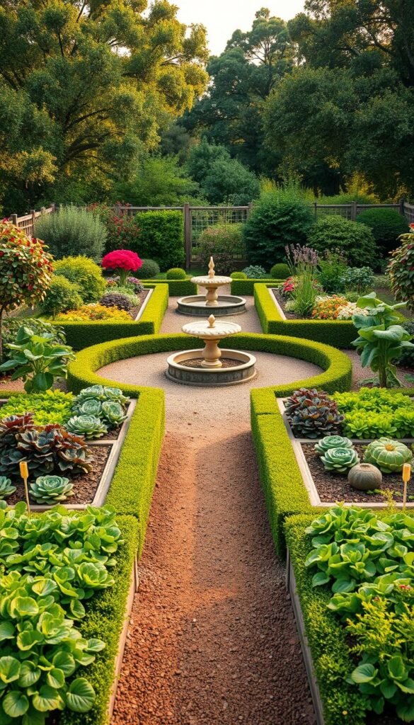 A vibrant, meticulously designed vegetable garden layout showcasing creative and efficient use of space. The foreground features a symmetrical arrangement of raised garden beds, each brimming with lush, flourishing produce in a variety of colors and textures. The middle ground depicts winding paths lined with neatly trimmed hedges, leading the eye towards a stunning focal point - a centralized ornamental fountain or sculptural element. In the background, a harmonious blend of mature fruit trees and flowering shrubs creates a natural, serene ambiance. Warm, diffused lighting casts a soft, golden glow across the scene, accentuating the garden's harmonious blend of form and function. A wide-angle lens captures the layout's perfect balance of practicality and aesthetic appeal.