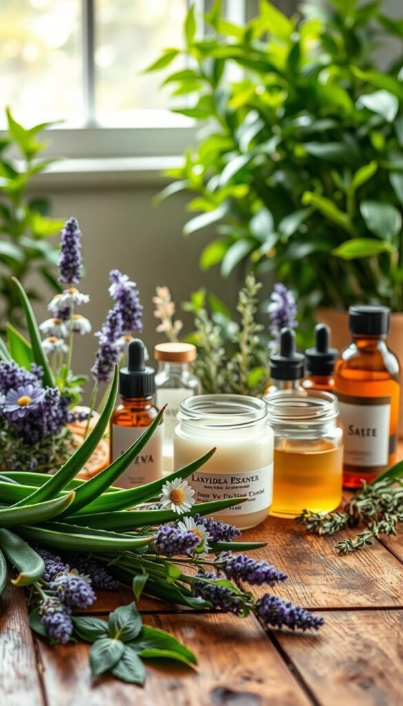 A vibrant, natural still life showcasing an assortment of herbal remedies for skin. In the foreground, a wooden table is adorned with fresh botanicals - aloe vera, chamomile, lavender, and rosemary. Jars of salves, tinctures, and essential oils are carefully arranged, their contents glowing with earthy hues. Soft, diffused natural lighting filters through a window, casting a warm, inviting glow over the scene. In the background, lush, verdant foliage creates a soothing, organic backdrop, emphasizing the connection between these plant-based remedies and the natural world. The overall mood is one of tranquility, wellness, and the restorative power of nature.