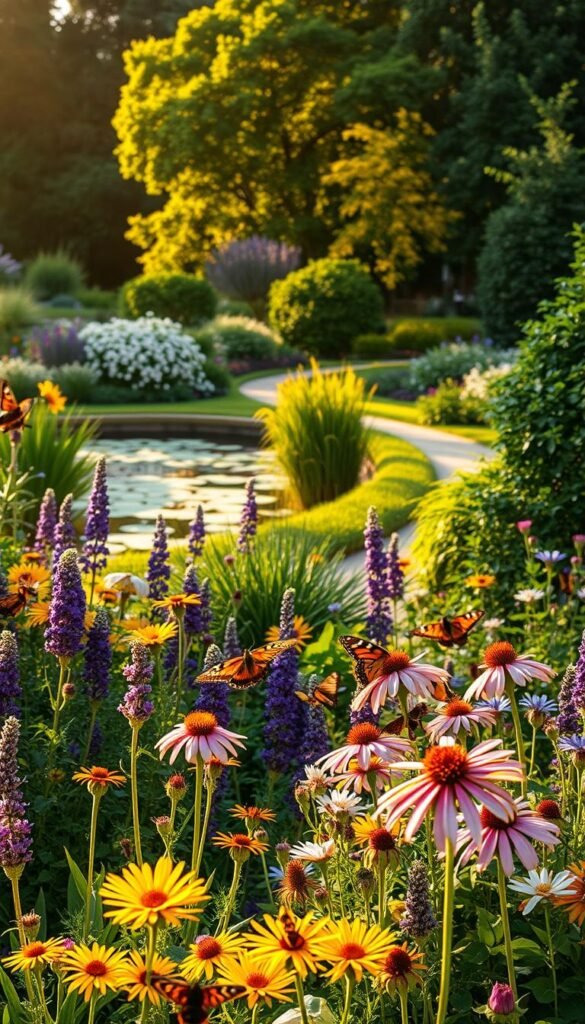 A vibrant, pollinator-friendly garden ecosystem, bathed in warm, golden afternoon light. In the foreground, lush flower beds brimming with fragrant blooms - lavender, echinacea, and bee balm. Butterflies and bees flit among the petals, sipping nectar. In the middle ground, a winding garden path leads the eye towards a tranquil pond, its surface dotted with floating water lilies. Surrounding the scene, a verdant canopy of trees and shrubs, providing shelter and sustenance for a diverse array of pollinators. The overall mood is one of serene abundance, a harmonious interplay of nature's beauty and the vital role of pollinating insects.