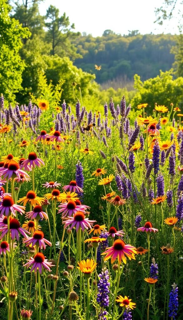 A vibrant, pollinator-friendly wildflower garden in full bloom, bathed in warm, golden afternoon sunlight. In the foreground, a diverse array of native wildflowers sway gently in a light breeze - swaths of purple coneflowers, yellow sunflowers, and fragrant lavender. In the middle ground, lush green foliage and the buzzing presence of bees, butterflies, and other beneficial insects. The background features a tranquil wooded landscape, hinting at the integration of this garden into the larger natural ecosystem. The composition is balanced, with a sense of depth and motion, capturing the beauty and biodiversity of a thriving pollinator habitat.