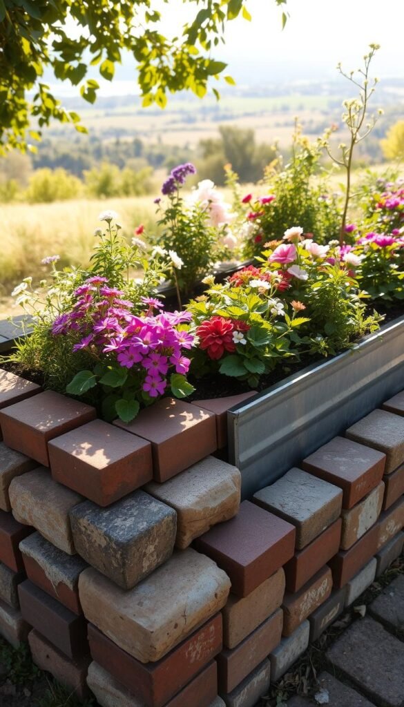 A vibrant raised garden bed filled with an array of creative materials. In the foreground, a mix of weathered bricks, natural stone pavers, and sturdy galvanized metal planters, artfully arranged to create visual interest. The middle ground showcases lush, colorful flora - delicate flowers and verdant foliage in a harmonious composition. Dappled sunlight filters through the scene, casting warm, golden tones and gentle shadows that enhance the textural qualities of the materials. The background features a serene, blurred landscape, suggesting a peaceful, inspirational setting for this flourishing garden display. Captured with a wide-angle lens to provide a comprehensive, immersive view of this captivating, nature-inspired scene.