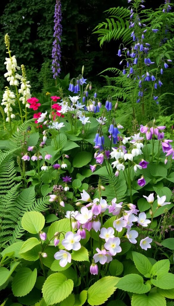 A vibrant selection of shade-loving flowers in a lush, serene garden setting. In the foreground, delicate hostas, ferns, and bleeding hearts in soft hues add texture and depth. The middle ground features clusters of enchanting wild geraniums, wood anemones, and Virginia bluebells, their petals gently swaying in the muted light. In the background, tall stands of majestic Solomon's seal and graceful Japanese painted ferns create a naturalistic, woodland-inspired backdrop. The scene is illuminated by soft, diffused light, casting gentle shadows and emphasizing the verdant, verdant tones. The overall composition evokes a sense of tranquility and harmony, inviting the viewer to step into this shaded oasis of resilient, thriving blooms.