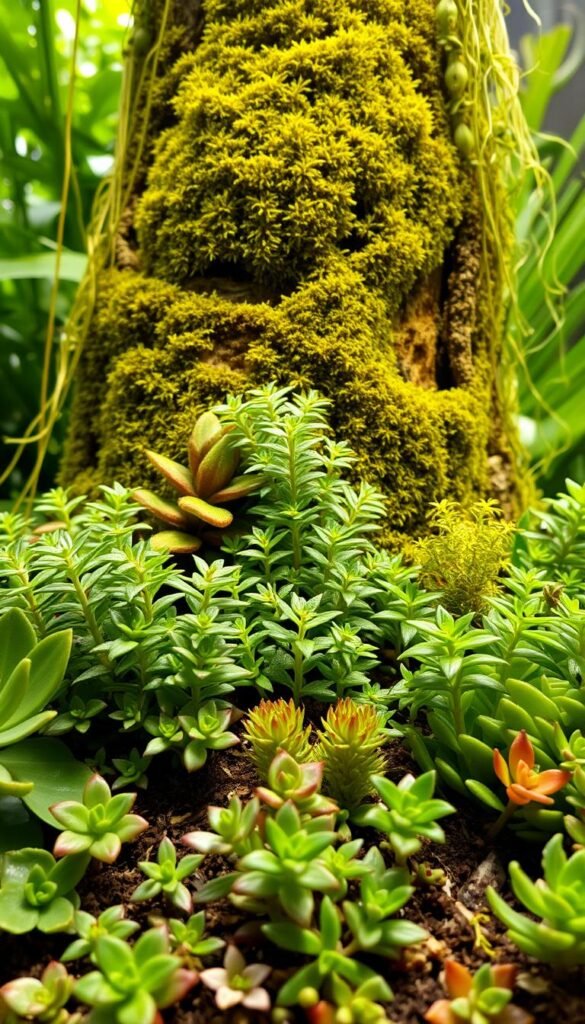 A vibrant selection of thriving terrarium plants against a backdrop of lush greenery. In the foreground, an array of miniature succulents, their delicate leaves and vibrant hues in perfect harmony. In the middle ground, a cluster of small-leafed ferns, their fronds gently swaying under soft, natural lighting. Towering behind them, verdant mosses and trailing vines cascading down the sides of the terrarium, creating an immersive, verdant atmosphere. The overall scene is bathed in a warm, ambient glow, inviting the viewer to imagine the terrarium's balanced ecosystem and the potential for a flourishing fairy garden.