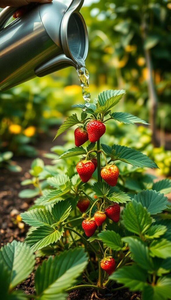 A vibrant strawberry plant thriving in a lush, organic garden. In the foreground, a gardener's hands tenderly pour water from a watering can, nourishing the plant's roots. The middle ground showcases the plant's healthy, green leaves and plump, ripe strawberries. In the background, a softly lit scene of verdant foliage and warm, natural lighting creates a serene, earthy atmosphere. The image conveys a sense of care, growth, and the harmonious relationship between the plant and its caretaker. Captured with a wide-angle lens, the composition highlights the importance of proper watering and nutrient management for the plant's well-being.
