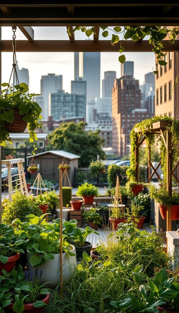 A vibrant urban garden nestled in a bustling city landscape. In the foreground, a variety of lush, thriving vegetables and herbs spill out of innovative planters - hanging baskets, vertical trellises, and reclaimed containers. The middle ground showcases a mix of modern and rustic garden structures, like a repurposed shed or a minimalist pergola, all infused with natural elements. In the background, the scene is framed by a backdrop of urban architecture, with skyscrapers and brownstones creating a striking contrast. Warm, diffused lighting casts a welcoming glow, capturing the harmonious blend of nature and city. The overall composition conveys a sense of resourceful ingenuity, where limited space is transformed into a bountiful, thriving oasis.