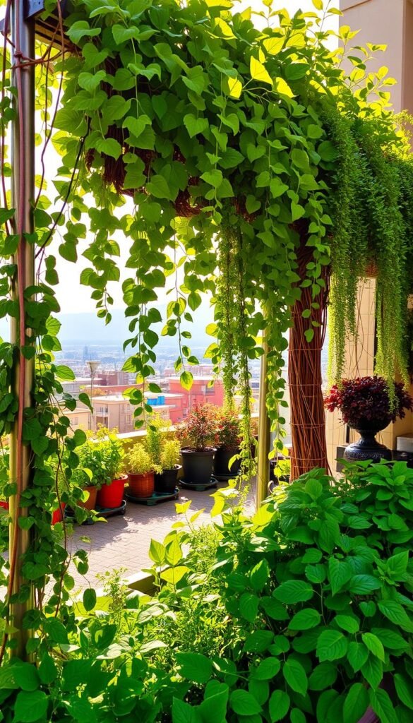 A vibrant vertical garden thriving in an urban setting, bathed in warm afternoon sunlight. In the foreground, lush foliage cascades down a sturdy trellis, showcasing the bountiful harvest of leafy greens and trailing vines. The middle ground reveals a diverse array of potted plants, their colors and textures complementing each other. In the background, the cityscape provides a captivating contrast, highlighting the importance of incorporating nature into the built environment. The scene conveys the tranquility and rejuvenating benefits of urban gardening, inspiring viewers to create their own oasis of greenery, even in the most compact of spaces.