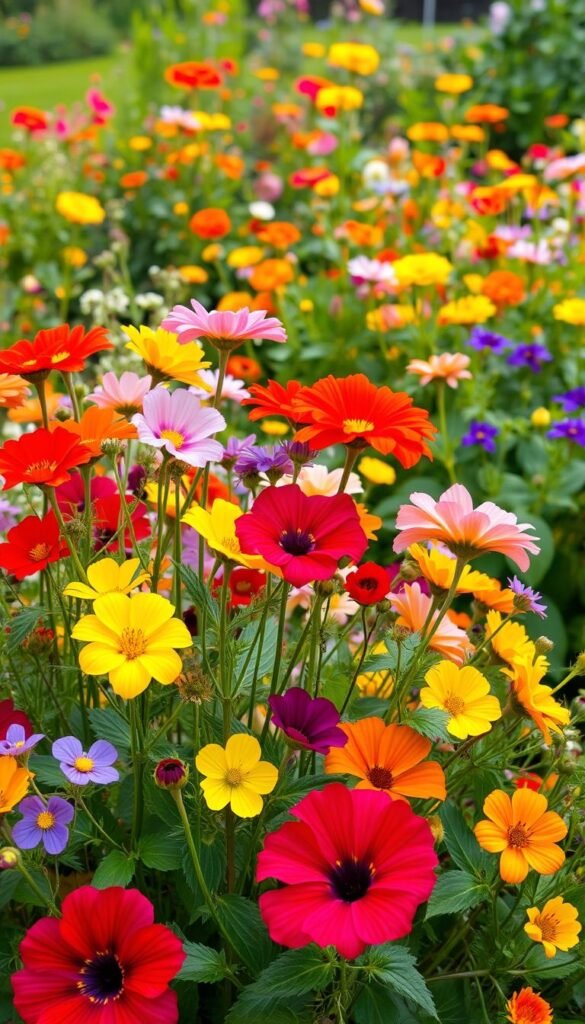 A vibrant, visually stunning image showcasing a lush, diverse edible flower garden. In the foreground, an array of edible flowers in full bloom, their petals bursting with color - vibrant reds, delicate pinks, sunny yellows, and deep purples. Intertwined stems and leaves create a natural, organic composition. The middle ground features a variety of flowering plants, their blooms complementing the edible flowers, creating a harmonious palette. The background gently fades into a soft, hazy garden setting, with touches of greenery and a hint of sunlight filtering through. The image captures the beauty, elegance, and culinary potential of these extraordinary edible flowers, inspiring the viewer to explore and incorporate them into their own garden and cuisine.