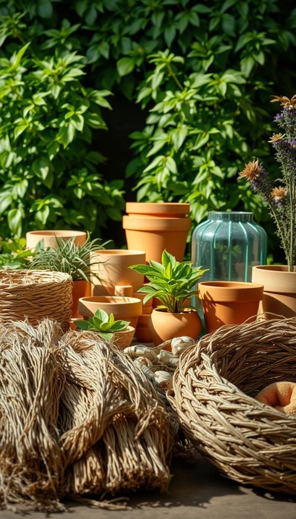 A vibrant, well-lit still life depicting an assortment of sustainable garden materials. In the foreground, an array of natural fibers, such as jute, sisal, and bamboo, are neatly arranged. In the middle ground, a selection of organic clay pots, terracotta planters, and recycled glass containers stand out against a backdrop of lush, verdant foliage. The lighting is soft and diffused, casting gentle shadows that accentuate the textures and colors of the materials. The overall composition exudes a sense of harmony, showcasing the beauty and versatility of eco-friendly gardening solutions.