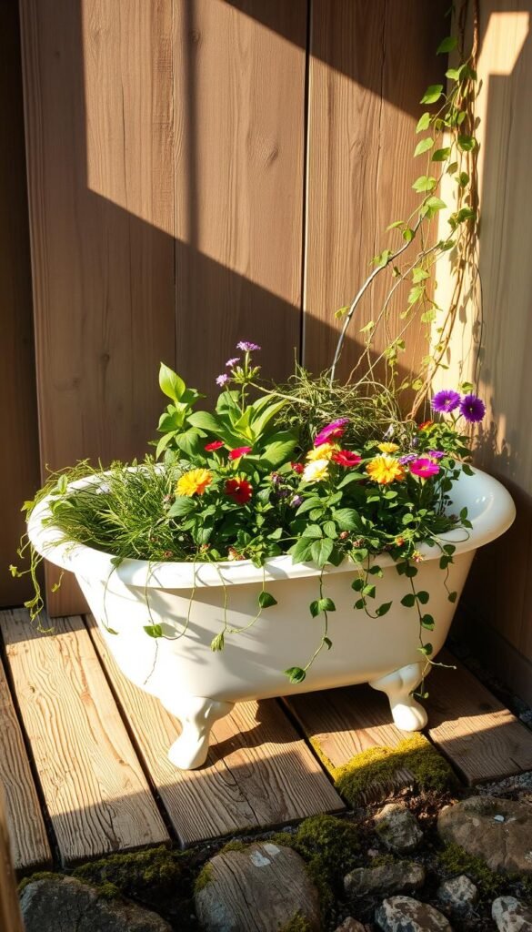A vintage clawfoot bathtub filled with lush greenery, cascading vines, and colorful flowers, creating a whimsical garden planter. The tub sits in a sun-dappled corner, surrounded by weathered wooden planks and moss-covered stones. Soft, warm lighting filters through the scene, accentuating the natural textures and creating a cozy, inviting atmosphere. The composition features a balanced arrangement of the tub, plants, and complementary elements, showcasing an innovative upcycling project that seamlessly blends nature and vintage charm.