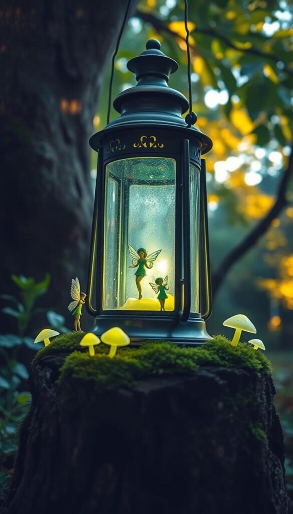 A vintage lantern sits atop a mossy, gnarled tree stump, its glass panels aglow with a soft, ethereal light. Delicate fairy figurines perch on the lantern's frame, their gossamer wings casting shimmering shadows. Lush foliage and glowing mushrooms surround the scene, creating a enchanting glow-in-the-dark fairy garden. Warm, filtered sunlight filters through the canopy, casting a gentle, magical ambiance. The camera captures the lantern from a low angle, emphasizing the whimsical, otherworldly atmosphere.