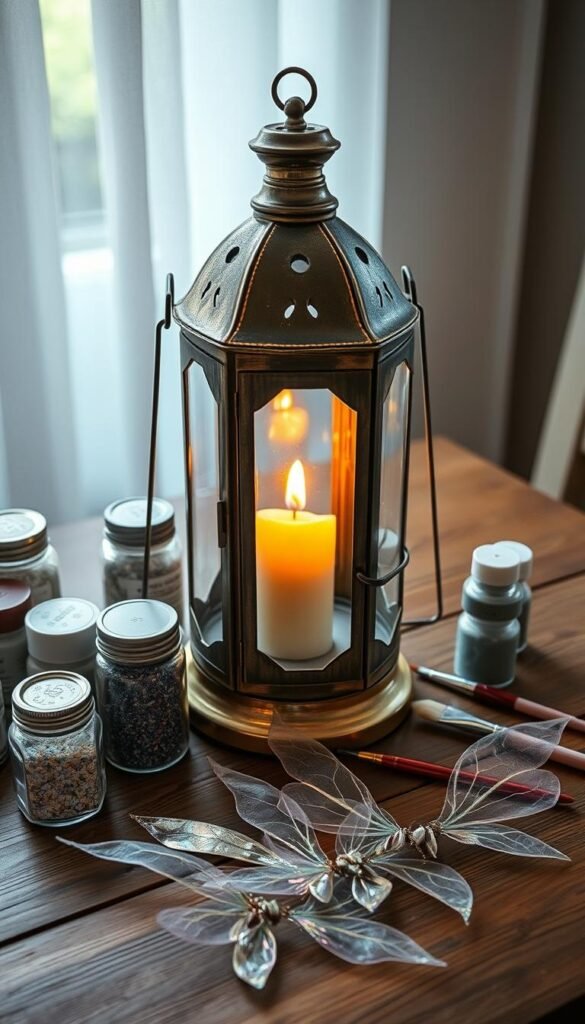 A vintage lantern sitting on a wooden table, its glass panels gently reflecting the warm glow of a single candle flame inside. Surrounding the lantern are an assortment of craft supplies - jars of glitter, metallic paints, brushes, and a handful of delicate, iridescent fairy wings. The scene is bathed in soft, diffused lighting, creating a serene and whimsical atmosphere, hinting at the magical transformation to come.