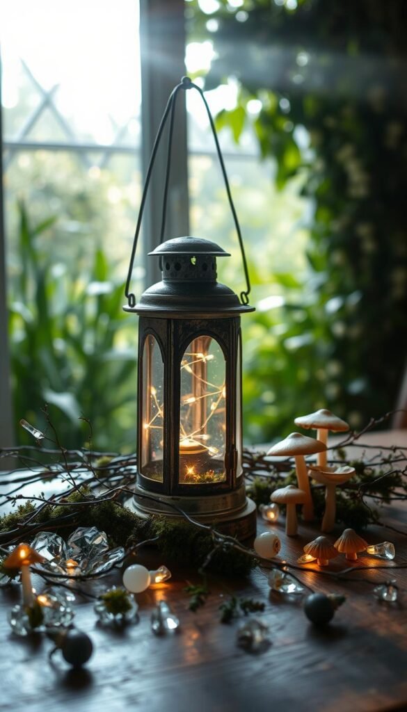 A vintage lantern with a weathered patina sits atop a wooden table, surrounded by an assortment of materials - delicate fairy lights, luminous mushrooms, iridescent crystals, and a smattering of moss-covered twigs. Sunlight filters through the window, casting a warm, natural glow upon the scene. In the background, a lush, verdant garden beckons, hinting at the magical transformation to come. The composition evokes a sense of whimsy and enchantment, primed to inspire the creation of a one-of-a-kind fairy-themed lantern.