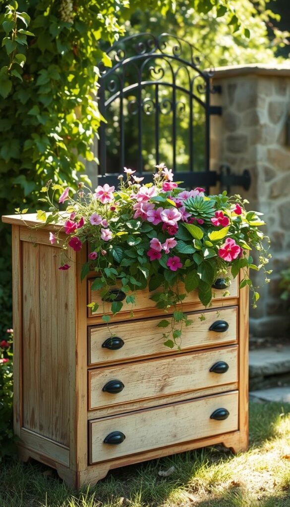 A vintage wooden dresser, its drawers removed, standing in a lush, sun-dappled garden. The dresser's distressed frame and hardware have been repurposed as a charming planter, overflowing with cascading vines, vibrant flowers, and verdant foliage. Soft, warm lighting filters through the scene, highlighting the weathered textures and creating a cozy, inviting atmosphere. In the background, a wrought-iron garden gate and a stone wall provide a rustic, country-style backdrop, complementing the upcycled furniture piece. The overall composition exudes a sense of whimsical, eco-friendly repurposing, perfectly capturing the essence of "Upcycling Vintage Furniture for Charming Planters".