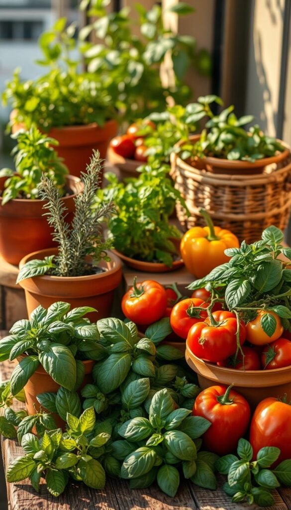 A visually captivating still life showcasing an assortment of organic herbs and vegetables in terracotta pots and wooden planters, artfully arranged on a rustic wooden table. The foreground features lush, vibrant foliage of basil, rosemary, thyme, and mint, complemented by the vibrant hues of tomatoes, bell peppers, and leafy greens. The middle ground includes a mix of earthenware and woven planters, casting intriguing shadows and textures. The background is softly blurred, emphasizing the natural, serene ambiance of an urban balcony garden. The lighting is warm and golden, highlighting the rich colors and healthy growth of the plants. The overall composition evokes a sense of harmony, inviting the viewer to imagine the pleasures of cultivating flavorful herbs and produce in a compact, city-dwelling space.