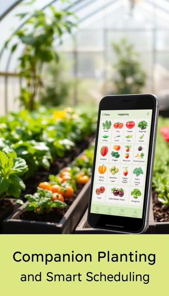 A visually compelling companion planting app interface set against a serene garden backdrop. In the foreground, a sleek mobile device displays lush, detailed plant icons arranged in an intuitive, color-coded layout. The middle ground showcases a well-tended vegetable garden, with healthy plants thriving in harmonious companion arrangements. In the soft, diffused background, a sun-dappled greenhouse or raised garden beds provide a sense of tranquility and natural beauty. The overall aesthetic evokes a modern, user-friendly design sensibility seamlessly integrated with an organic, nature-inspired ambiance - a perfect visual representation of the "Integrating Companion Planting and Smart Scheduling" section.