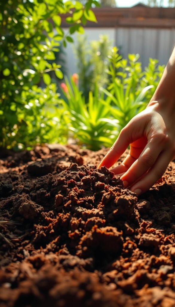 A warm, sun-dappled scene of rich, loamy soil being carefully examined by a pair of hands. The foreground showcases the intricate texture and color variations of the earth, inviting a closer inspection. In the middle ground, a lush, verdant backdrop of flourishing plant life frames the central focus, while the background subtly hints at the expansive, unfolding landscape of a backyard oasis. Soft, directional lighting casts gentle shadows, creating a serene and contemplative atmosphere, as if capturing a moment of deep connection between the observer and the fundamental elements of the natural world.