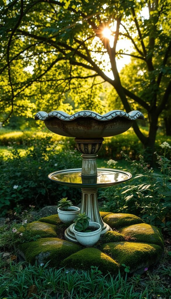 A weathered, ornate birdbath stands in a lush, verdant garden. Sunlight filters through the canopy of overhanging trees, casting a warm, golden glow. The birdbath's basin is filled with clear water, reflecting the surrounding foliage. Moss-covered stones and delicate flowers border the structure, creating a sense of aged charm. The scene conveys a tranquil, contemplative atmosphere, inviting the viewer to closely examine the birdbath's intricate details and consider its potential for upcycling into a whimsical fairy garden centerpiece.