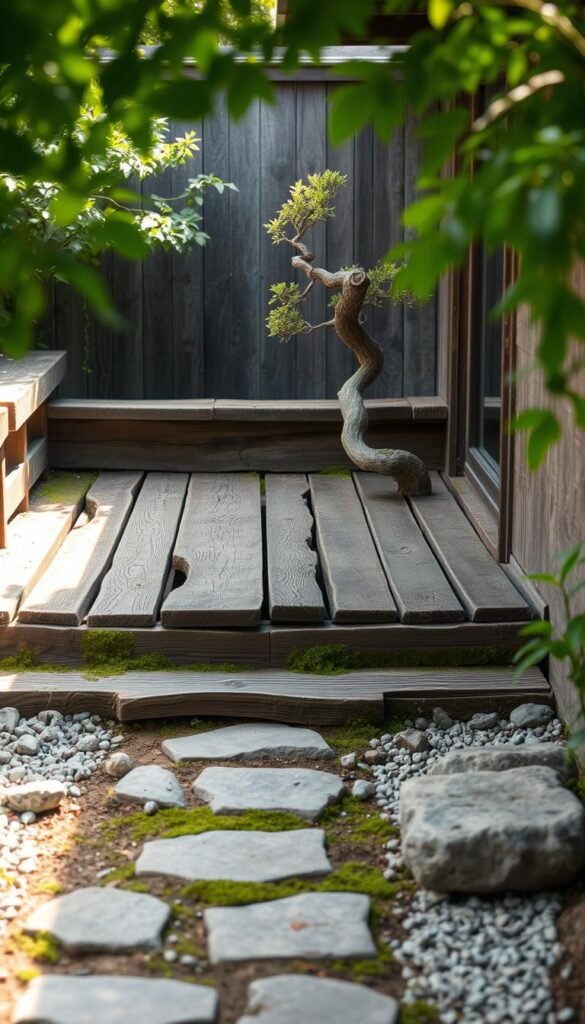 A weathered, wooden deck nestled in a tranquil garden, bathed in soft, natural light. Uneven, distressed planks and moss-covered crevices create a wabi-sabi aesthetic, embracing the beauty of imperfection. Scattered stones and a minimalist stone pathway lead to the deck, blending seamlessly with the earthy tones. Lush, verdant foliage frames the scene, hinting at the surrounding nature. A single, gnarled bonsai tree stands as a focal point, its twisted branches reflecting the organic, asymmetrical design. The overall atmosphere radiates a sense of peaceful simplicity and harmony with the natural world.