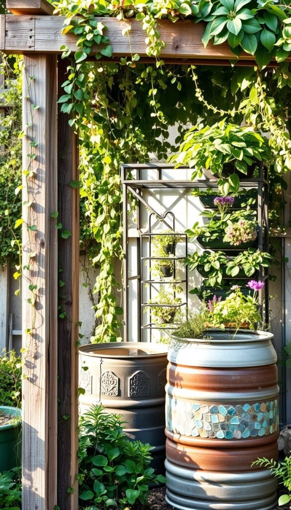 A weathered wooden trellis stands tall in the foreground, its beams repurposed from old pallets. Cascading vines and trailing plants spill over the edges, creating a lush, verdant canopy. In the middle ground, an upcycled rain barrel serves as a self-watering planter, its surface adorned with a mosaic of colorful glass fragments. Behind it, a sturdy metal frame, once a discarded clothing rack, now supports a thriving vertical garden of leafy greens and vibrant flowers. Soft, natural lighting filters through the foliage, casting warm, dappled shadows across the scene. The overall atmosphere evokes a sense of resourcefulness, sustainability, and the beauty that can arise from repurposed materials.