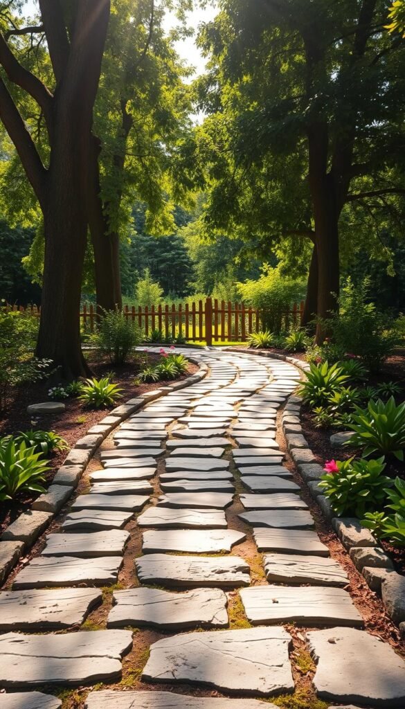 A well-constructed stone pathway winds through a lush, verdant garden. Sunlight filters gently through the canopy of towering trees, casting a warm, natural glow on the carefully placed stones. The pathway is lined with vibrant, low-growing plants, their leaves and blooms adding pops of color and texture. In the distance, a wooden fence frames the scene, providing a sense of enclosure and privacy. The overall composition evokes a serene, inviting atmosphere, perfect for a leisurely stroll or a quiet moment of contemplation. A 50mm lens captures the scene from a slightly elevated angle, showcasing the harmonious integration of the pathway with its surrounding landscape.