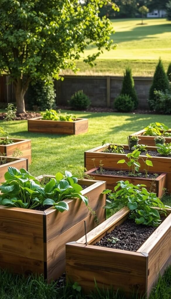 A well-crafted DIY raised garden beds, positioned in a lush, verdant backyard. The beds are constructed from warm, weathered wood planks, arranged in a visually appealing layout. The foreground showcases the intricate details of the beds, with a focus on the sturdy, yet rustic construction. The middle ground features thriving, vibrant plants cascading over the edges, creating a natural and inviting atmosphere. In the background, a neatly trimmed lawn and a few mature trees provide a serene, natural setting, bathed in soft, diffused lighting that casts gentle shadows across the scene. The overall composition conveys a sense of harmony, functionality, and a connection to the outdoors, perfectly suiting the "DIY Garden Beds and Raised Planters" section of the article.